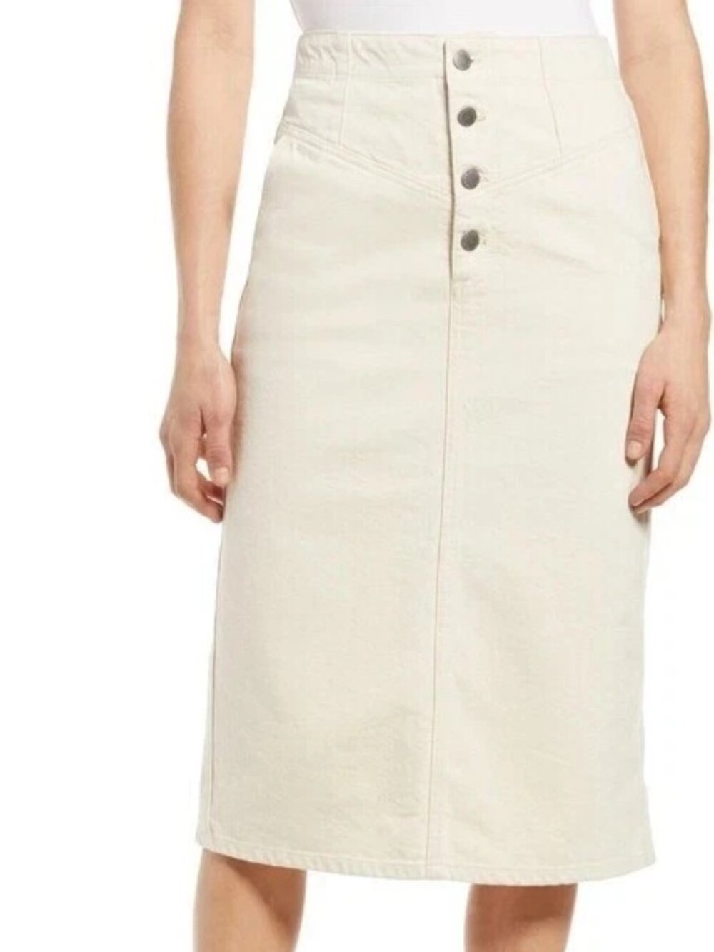 NWOT AG Adriano Golschmied Selina Exposed Button Fly Denim Beige Pencil Skirt 24